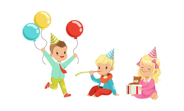 Вектор Мальчики и девочки празднуют день рождения векторной иллюстрацией на белом фоне
