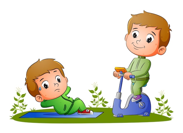 I ragazzi stanno facendo lo sport con sit up e pedalando nella bici statica dell'illustrazione