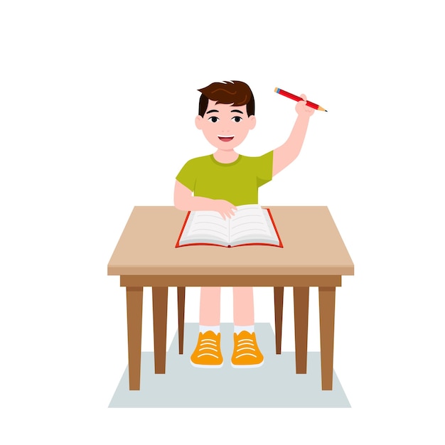 소년은 집에서 숙제 수학을하는 아이들을 쓰고 있습니다 빨간 셔츠에 만화 귀여운 소년 책상에 앉아 학습 연령 벡터 일러스트 흰색 배경에 고립의 개념