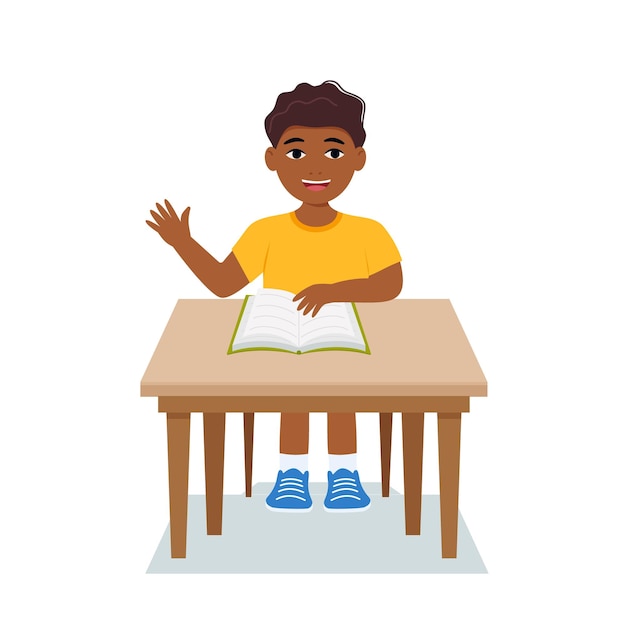 소년은 집에서 숙제 수학을하는 아이들을 쓰고 있습니다 빨간 셔츠에 만화 귀여운 소년 책상에 앉아 학습 연령 벡터 일러스트 흰색 배경에 고립의 개념