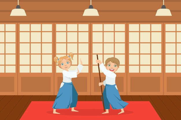 Vector boys asian martial art fighters cute children athletes practicing aikido technique kids wearing