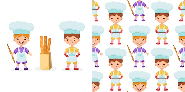 Мальчики-пекари держат скалку и поднос с блюдом. Багетный бумажный пакет.