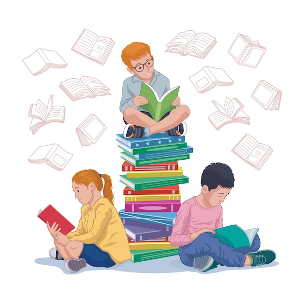 Vector boys and girl mixed race reading book together with stack of books vector illustration icon