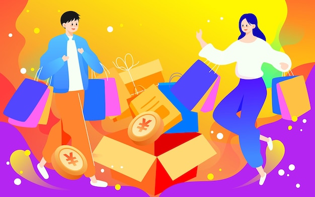 Boys and girls are shopping with shopping bags 618 ecommerce shopping festival vector