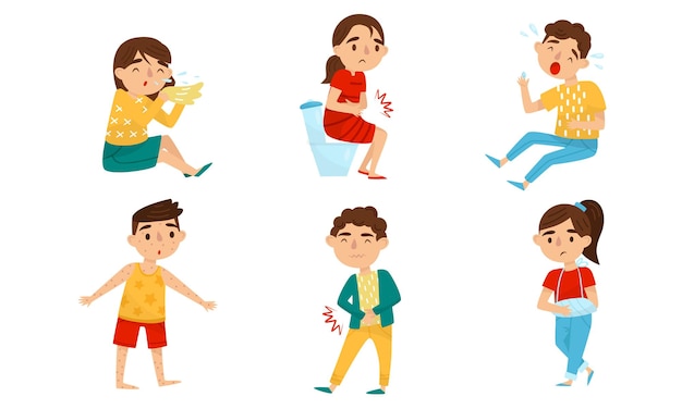 男の子と女の子は白い背景のベクトルイラストで病気です