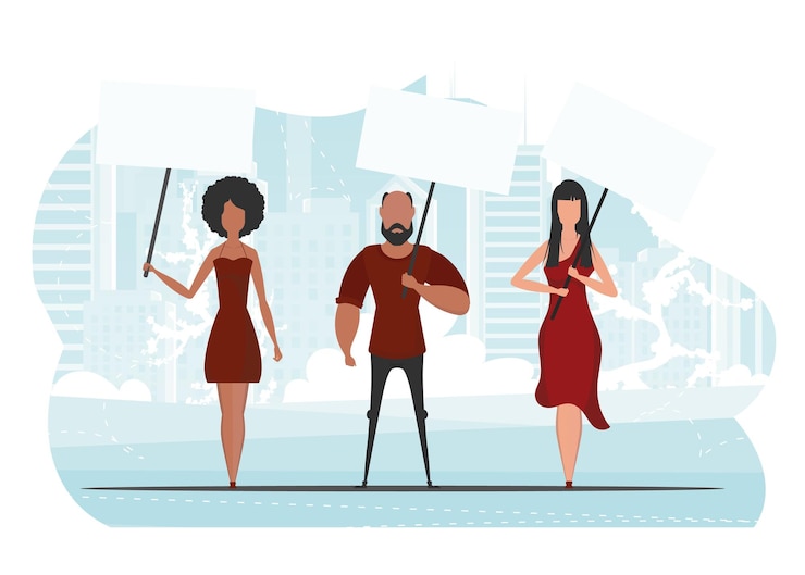 Vector boys and girls came out to protest banner in blue tones vector in cartoon style