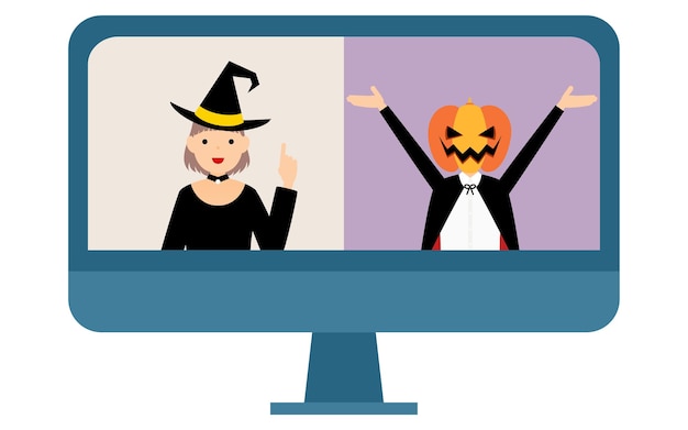 Boys and girls in costumes having an online Halloween party