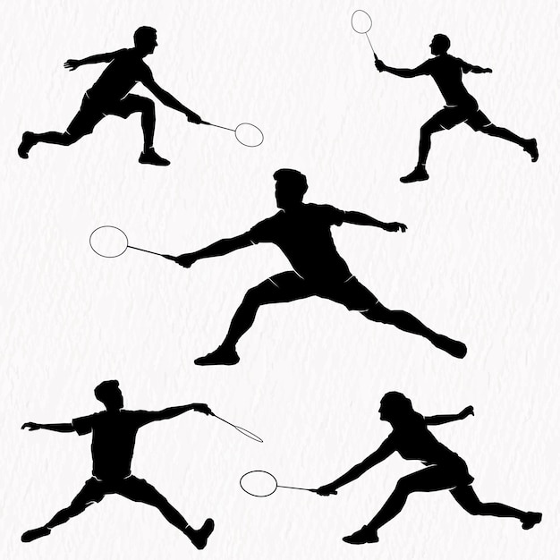 Vector boys and girls playing badminton silhouettes isolated on paper textured white background.