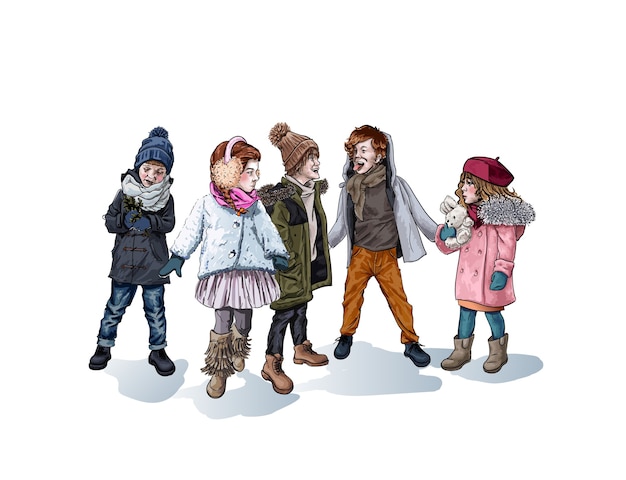 Vector boys and girls playing outdoors in winter, isolated female and male characters sketch.