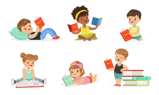 男の子と女の子が本を読む ベクトルイラストのセット