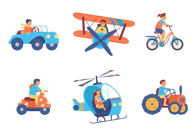 Boys and girls ride toy and fantasy transport flat vector illustration isolated