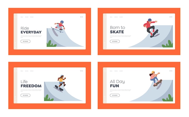 Boys and girls skateboarding activity landing page template set children skating on longboard jump and make stunts