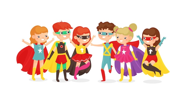 Vector boys and girls in superhero costumes isolated on white background. happy children have fun together