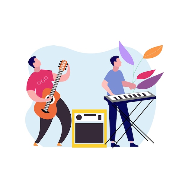 Vector boys playing guitar and piano