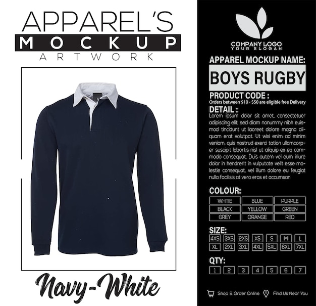 Vector boys rugby navy white apparel mockup artwork design