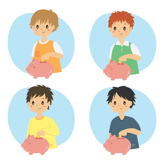 Boys saving money in a cute pink piggy bank vector set