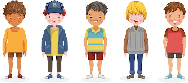 Vector boys set of kids. cute cartoon different and various ethnicities.