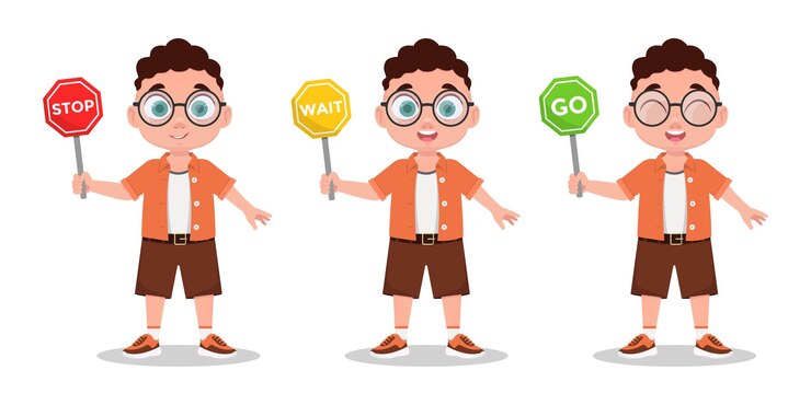 Vector boys set, schoolboy with road sign. vector illustration