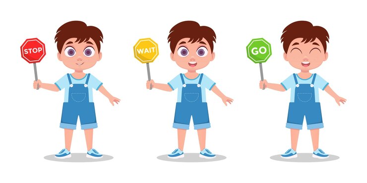 Vector boys set, schoolboy with road sign. vector illustration