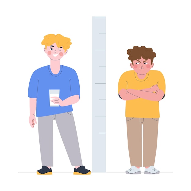 The boys stand near the meter to measure their height Children's emotions anger and joy