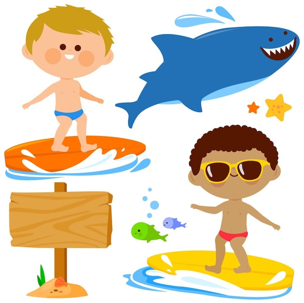 Boys surfing in sea vector