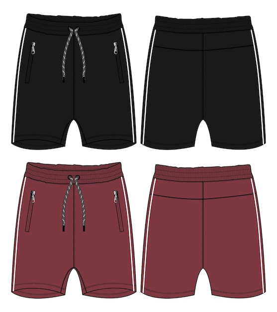 Boys Sweat Shorts Pant Техническая мода Плоский вектор эскиза Иллюстрация Черно-красный шаблон цвета