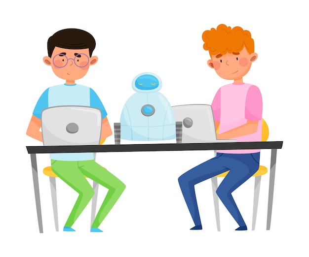 Vector boys teenagers sitting at table engineering and configurating robot vector illustration