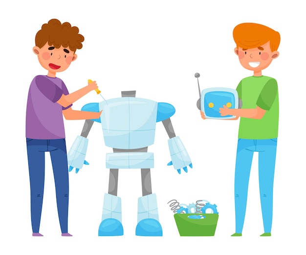 Boys teenagers standing engineering and fixing robot vector illustration