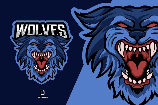 Boze blauwe wolf hoofd mascotte logo afbeelding