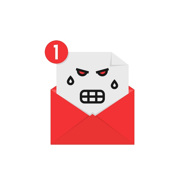 Boze emoji in briefmelding. concept van nieuwsbrief, spam, negatieve e-mail, stemming, communicatie, belediging, ruzie, woedend. vlakke stijl trend modern logo grafisch ontwerp op witte achtergrond