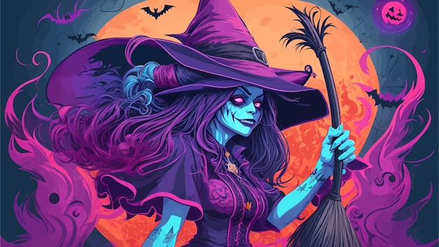 Boze heks met bezem Levendige Halloween-achtergrond in illustratiestijl