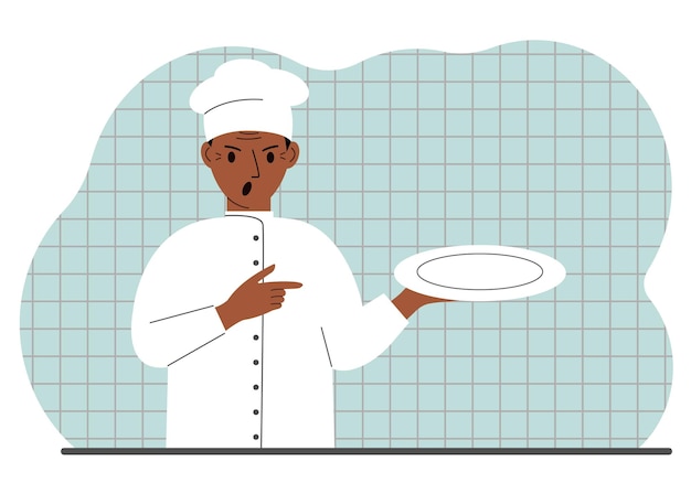 Boze kok in een pet houdt een leeg bord in zijn handpalm Platte vectorillustratie