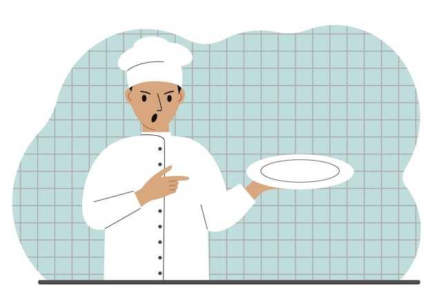 Boze kok in een pet houdt een leeg bord in zijn handpalm Platte vectorillustratie