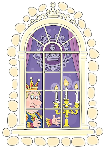 Boze koning met een gouden kroon die angstig uit het raam van zijn paleis kijkt