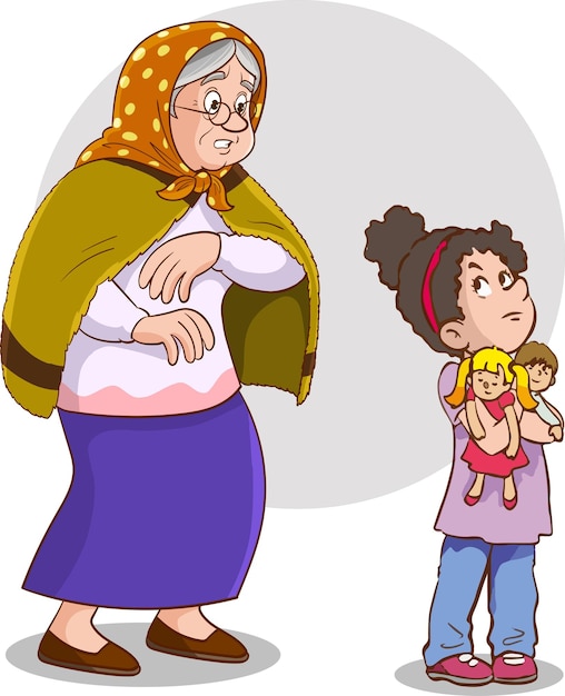 boze meisje en grootmoeder afbeelding van een grootmoeder die met haar kleindochter praat op een witte achtergrond