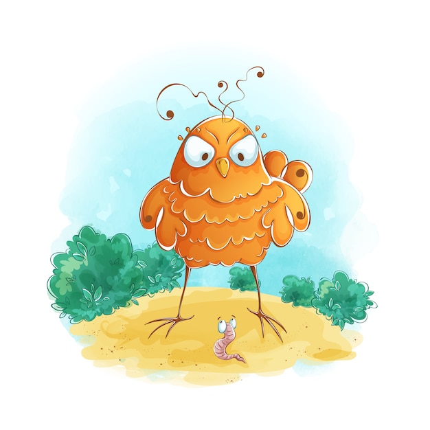 Boze oranje vogel maakt ruzie met een worm. teken op aquarel