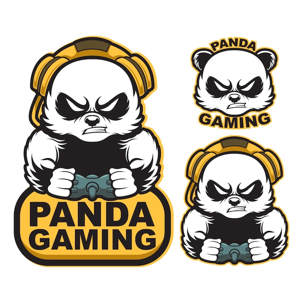 Boze panda gaming mascotte logo sport met joystick en hoofdtelefoon instellen.