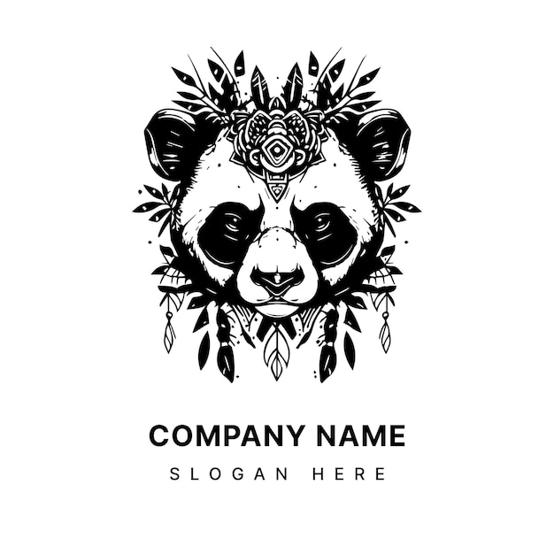 Boze panda hoofd logo zwart-wit hand getekende illustratie