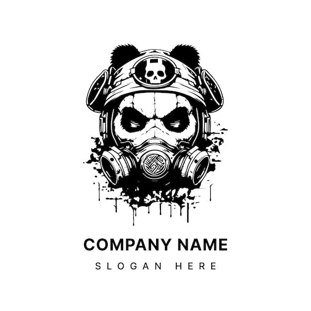 Boze panda hoofd met gasmasker logo zwart-wit hand getekende illustratie