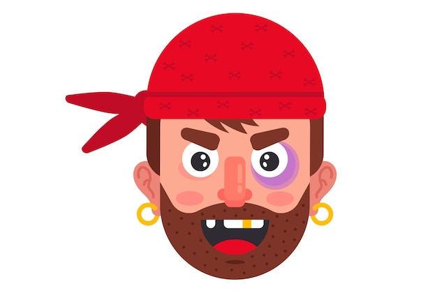 Boze piraat in een rode bandana. matroos met een gouden oorbel. platte vectorillustratie. platte vectorillustratie.