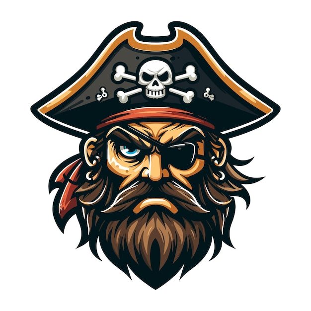 Vector boze piratenhoofd met hoed en ooglap mascotte ontwerp vector illustratie logo sjabloon