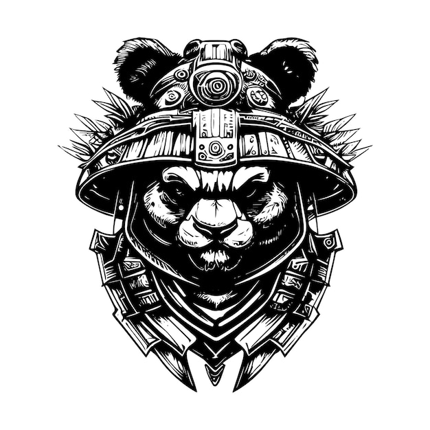 Boze samurai panda logo zwart-wit hand getekende illustratie