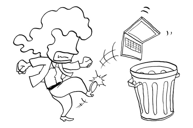 Boze vrouwelijke zakenvrouw schopt laptop naar prullenbak Stress concept Cartoon vector design