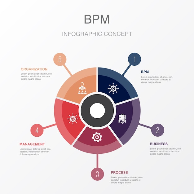 Значки организации управления бизнес-процессами BPM Шаблон инфографического дизайна Креативная концепция с 5 шагами