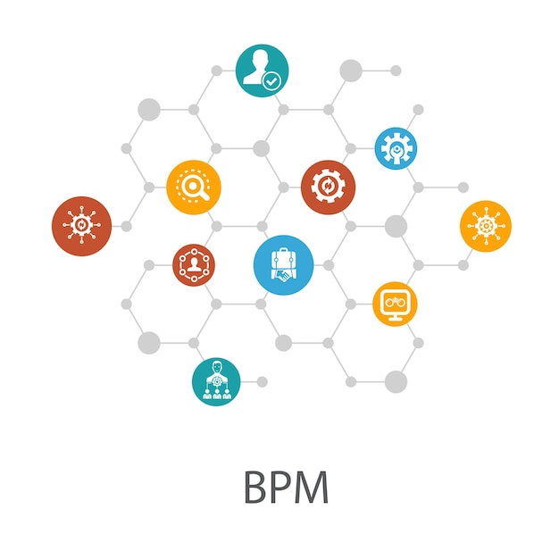 Шаблон презентации bpmp, макет обложки и инфографика. бизнес, процесс, управление, организация иконки