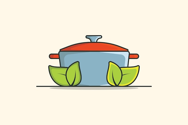 Braadpan schotel keuken kookpot met groene bladeren vector illustratie