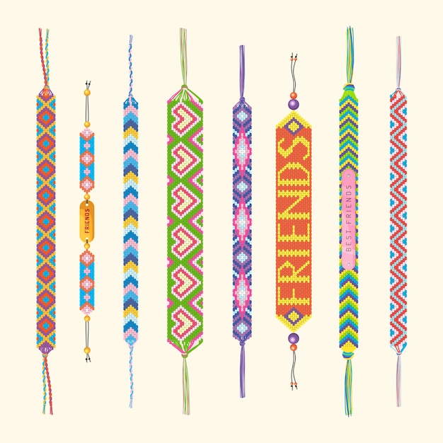 Вектор Браслет дружбы этнические украшения ручной работы, связанные символы, браслет, недавняя коллекция векторных цветных шаблонов, браслет ручной работы, зигзаг, племенные аксессуары, иллюстрация