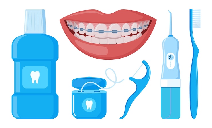Vector braces corrective orthodontics smiling female mouth with healthy teeth and braces