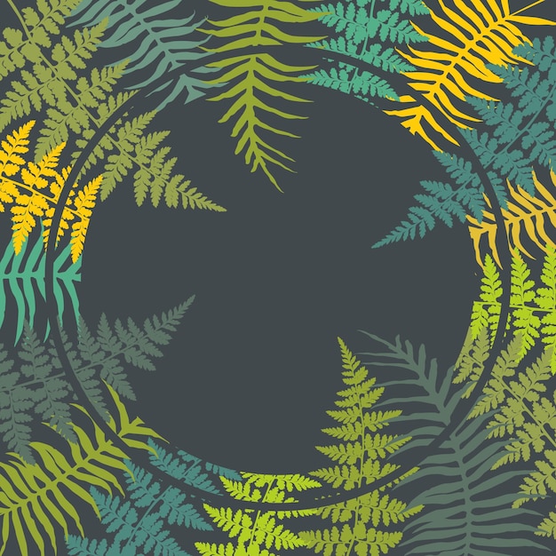 ワラビ植物は灰色の背景に緑、青、黄色の装飾を残します。詳細なシダの描画