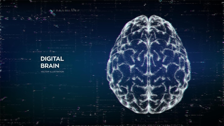 Vector brain abstract digital human brain in a distorted glitch style neural network iq testing artificial intelligence virtual emulation technology concept brainstorm think idea vector illustration